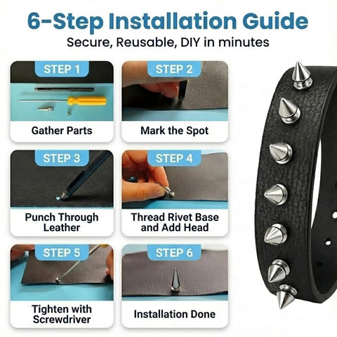 6-step installation guide for 455 Piece Punk Spikes And Studs Kit for Clothing and Leathercraft showing leather strap with metal cone spikes