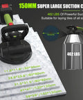 Handheld Tile Vibration Leveling Tool with 150mm large suction cup, 462 lbs capacity, for quick floor tile installation.