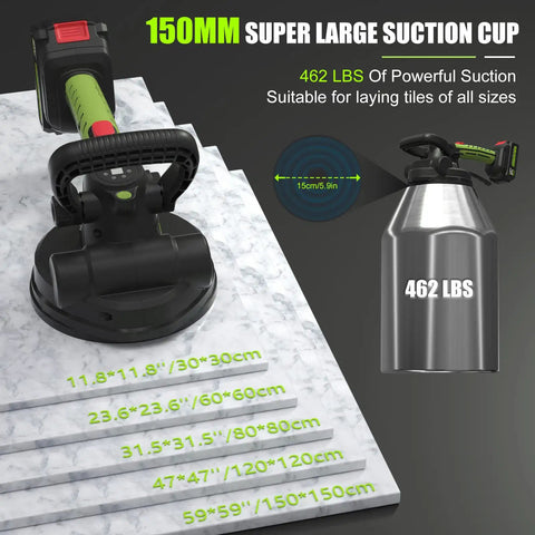 Handheld Tile Vibration Leveling Tool with 150mm large suction cup, 462 lbs capacity, for quick floor tile installation.