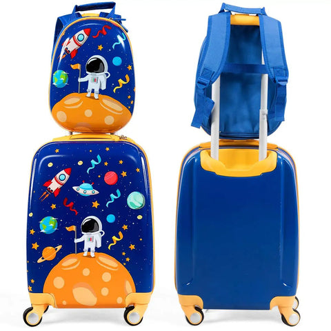 Two Piece Kids Luggage Set With 12 Inch Backpack And 18 Inch Rolling Suitcase In Blue Astronaut Design Lightweight Durable ABS Hardshell