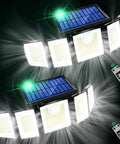 Outdoor Solar Flood Light With Motion Sensor, 416 LEDs Delivers 3000 Lumens Of Serious Brightness shown with remote controls