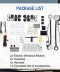 Universal Electric Power Window Lift Regulator Conversion Kit With Switches Wiring And Hardware package contents layout