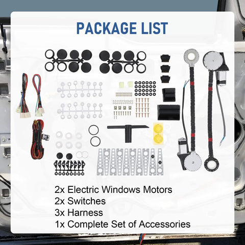 Universal Electric Power Window Lift Regulator Conversion Kit With Switches Wiring And Hardware package contents layout