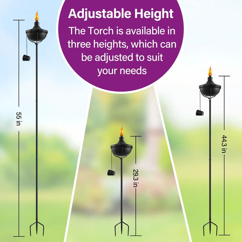 Three Six Pack 24 Oz Outdoor Garden Torch Set With 55 Inch Citronella Metal Torches And 3 Prong Grounded Stakes of varying heights.