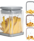 Badelite 3-in-1 kitchen vegetable cutter, front view, in clear jar with grey lid; includes fry-grid, wedge blade, slicer.