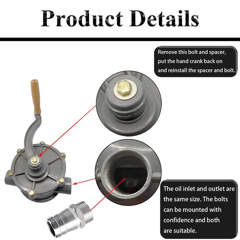Rotary Hand Transfer Pump For 30 35 40 Gallon Gas Diesel Caddy Aluminum Drum Pump With One And A Quarter Inch Inlet And Outlet Easy Grip And Smooth Crank For Quick Fuel Refills detail view of inlet, outlet, and crank