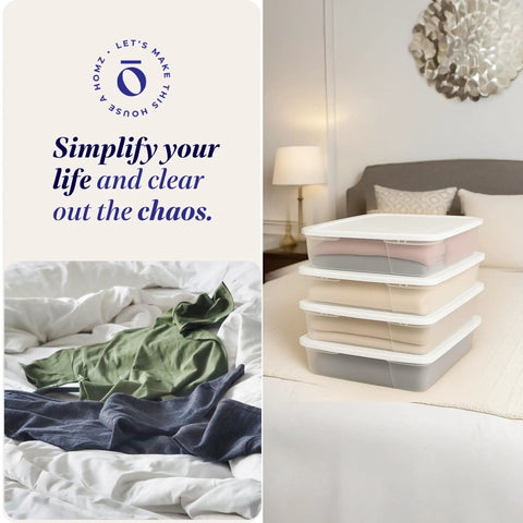 Stack of 4 Pack SnapLock Clear Plastic Storage Bins With Lids 28-Quart Stackable Containers on bedroom bed