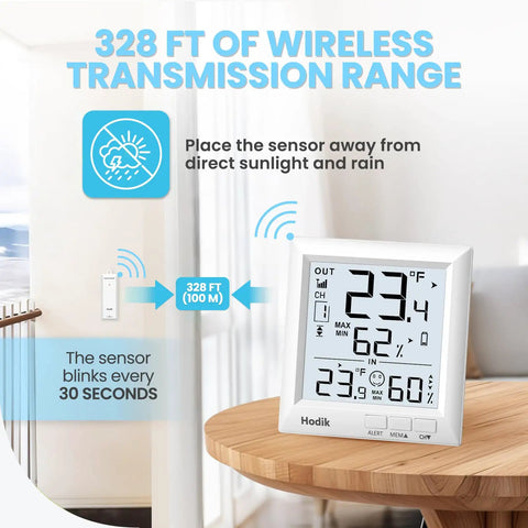Front display of All In One Indoor Outdoor Weather Station Thermometer With Wireless Sensor, showing temperature and humidity.