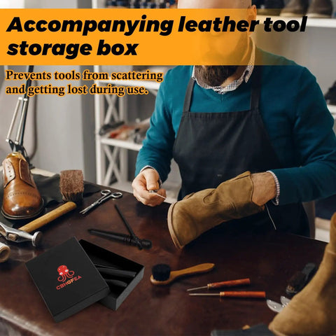 Man working on leather shoe with leather tool storage box on table