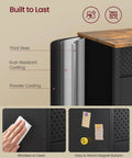 Close-up of rustic brown and matte black finish metal storage cabinet with durable steel frame and magnet buttons