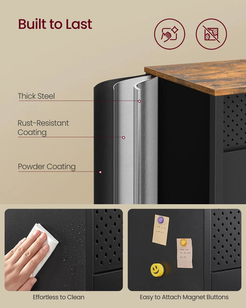Close-up of rustic brown and matte black finish metal storage cabinet with durable steel frame and magnet buttons