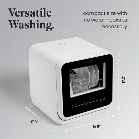 Portable Compact Countertop Dishwasher With Built In Five Liter Water Tank Plug And Play Quick Cycles Renters Approved For Tiny Apartments RV Camper Dorm Spaces Cleans Plates Glasses And Baby Bottles No Sweat in compact size with no water hookups.