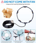 Outdoor Misting Fan Kit For Patio And Backyard Cooling With A 16.4 Foot Misting Line Five Brass Nozzles And Three Quarter Inch Brass Adapter Easily Attaches To Your Fan For Poolside Relaxation And Summer Chill, components and assembly steps shown.