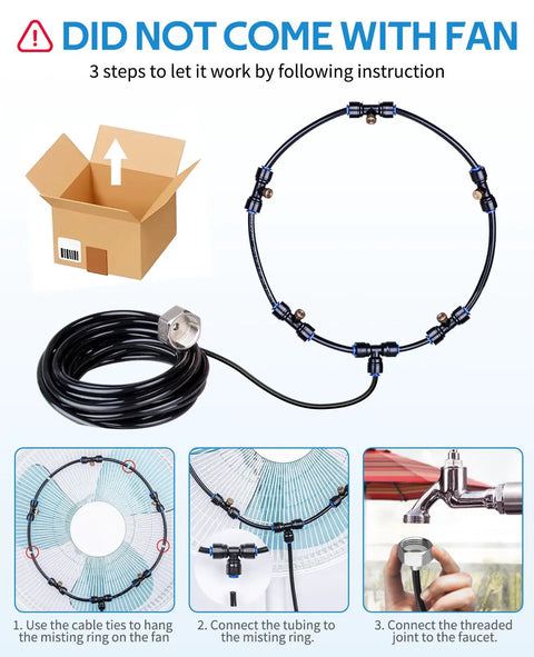 Outdoor Misting Fan Kit For Patio And Backyard Cooling With A 16.4 Foot Misting Line Five Brass Nozzles And Three Quarter Inch Brass Adapter Easily Attaches To Your Fan For Poolside Relaxation And Summer Chill, components and assembly steps shown.