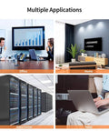 Collage showing the Cat6 Shielded Ethernet Extension Cable With Upward Angled Connectors used in office, home, data center, hotel