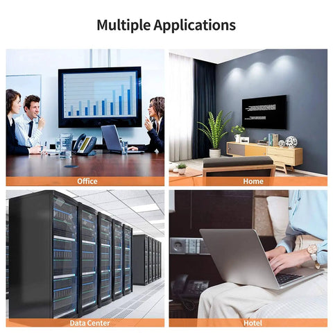 Collage showing the Cat6 Shielded Ethernet Extension Cable With Upward Angled Connectors used in office, home, data center, hotel