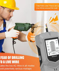Man using a drill with a Stud Detectorstud Finder Depth Recognition LCD Display Audio Alarm for safety.