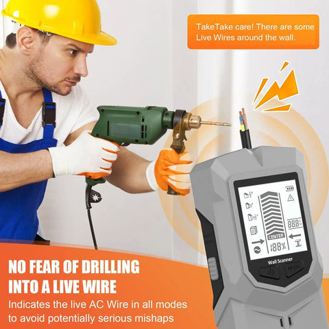 Man using a drill with a Stud Detectorstud Finder Depth Recognition LCD Display Audio Alarm for safety.
