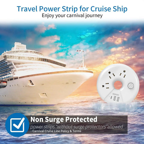 Must Have Travel Power Strip With Three Outlets And Three USB Ports Including One USB C Cruise Approved Short Three Foot Extension Cord For Hotels Cruises Home Or Office Compact White shown on a cruise ship background