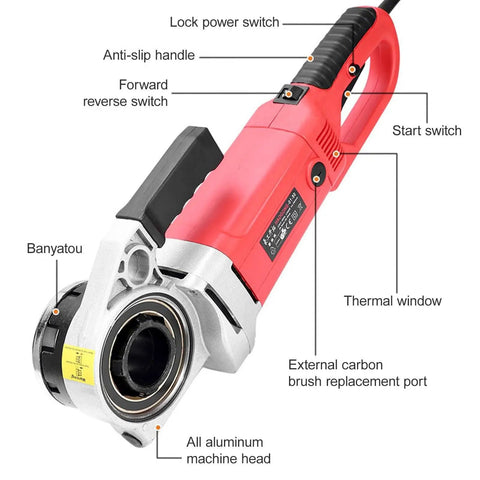 Heavy Duty Electric Pipe Threader Kit Featuring Six Precision Dies Spanning Half To Two Inches Alongside A Tough Carry Case And Extra Carbon Brushes To Crush Gritty Plumbing Projects Zero Sweat, close-up of machine head with controls.