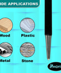 Set Of Five Round Head Center Punches For Metal And Woodworking Top Shelf Hand Tools showing applications on wood, plastic, metal, and stone.