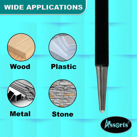 Set Of Five Round Head Center Punches For Metal And Woodworking Top Shelf Hand Tools showing applications on wood, plastic, metal, and stone.