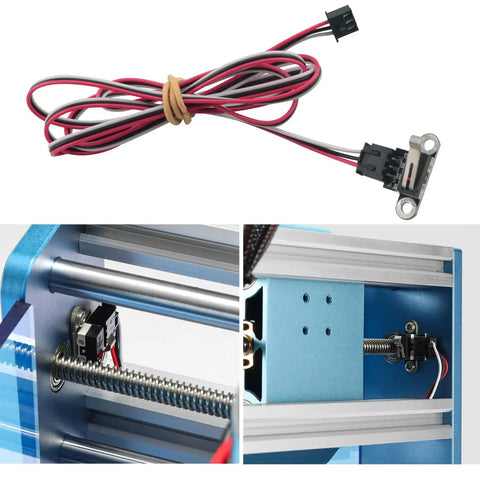 3D Printer Limit Switch Kit Set of 3 Mechanical Reset Touch Switches with 1 Meter 3 Pin Cables for detection systems shown installed.