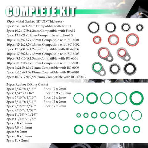 139 Piece AC O Ring Kit With 54 Rubber O Ring Assortment And 85 Compressor Gaskets In 12 Sizes For No Fuss DIY Friendly Tight Seal On Car AC Systems Durable Gasket Set For Automotive Service. Green and metal AC O-rings and gaskets sorted by size.