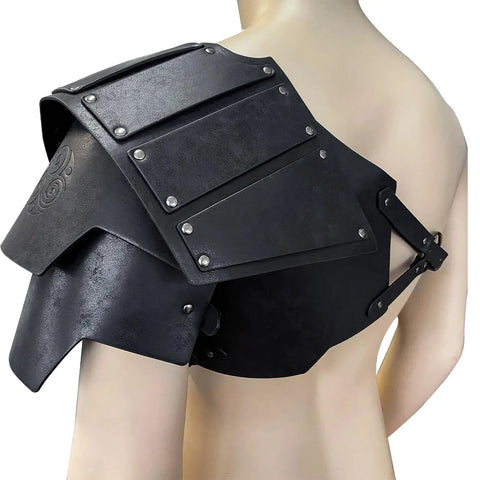 Viking Faux Leather Pauldron Shoulder Armor For LARP And Cosplay Badass Medieval Knight Look In Black PU Leather on mannequin