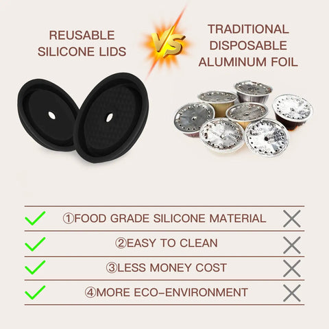 Reusable Silicone Coffee Capsule Lids For Original Nespresso VertuoLine Pods 4 Pack With Scoop And Brush Food Grade Refillable comparison with disposable capsules