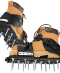 Lawn Aerator Shoes With 26 Nail Spikes 5cm And Adjustable Straps For Patios Gardens And Yards, showing sole with metal spikes.