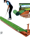 Indoor Outdoor Golf Putting Mat With Auto Ball Return System on wood base, includes balls, easy setup for practice