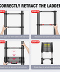 12.5ft Telescoping Aluminum Ladder, Heavy Duty 330 Lb Capacity, All Black, Triangular Stabilizers For Extra Stability, Non Slip Feet, Lightweight Yet Durable Extension Ladder For Home, Garage, And Job Site Go-To Workhorse showing retract steps
