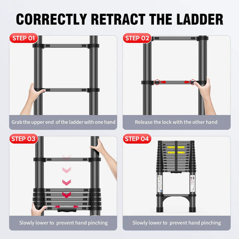 12.5ft Telescoping Aluminum Ladder, Heavy Duty 330 Lb Capacity, All Black, Triangular Stabilizers For Extra Stability, Non Slip Feet, Lightweight Yet Durable Extension Ladder For Home, Garage, And Job Site Go-To Workhorse showing retract steps