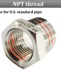 Close-up of 304 stainless steel reducer hex bushing, 1/2 in MNPT to 1/4 in FNPT pipe fitting