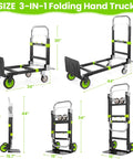 3-In-1 Folding Hand Truck Dolly With Retractable Handle And Four Wheels, Heavy-Duty Convertible Cart shown in multiple angles
