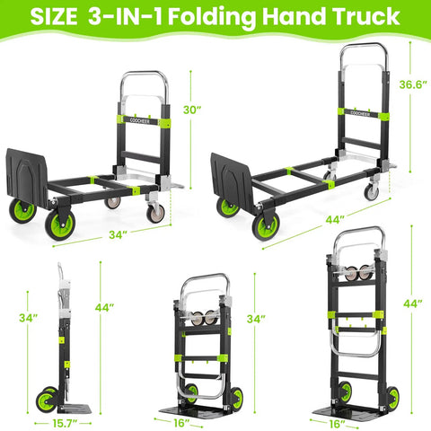 3-In-1 Folding Hand Truck Dolly With Retractable Handle And Four Wheels, Heavy-Duty Convertible Cart shown in multiple angles