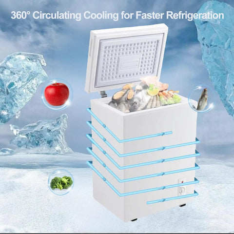 Kick Back And Chill On This 3.2 Cubic Feet Chest Freezer With Rapid Cooling and a removable basket, shown with food items inside.