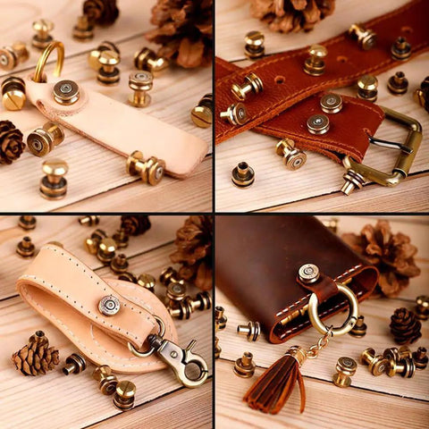 Solid Brass Bullet Rivets With Screw Posts give your leather accessories a badass antique vibe, shown with wallets and keychains.