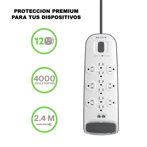 12 Outlet Surge Protector Power Strip With 8 Foot Extension Cord, 3996 Joules Shield, Ethernet And Cable Protection shown vertically