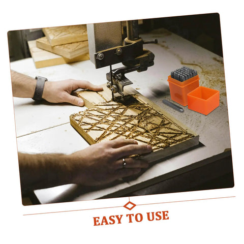 Person using 37 Piece Metal Stamping Kit With Letter And Number Punches Plus Heart Symbols For DIY Jewelry Making Wood Plastic And Craft Projects