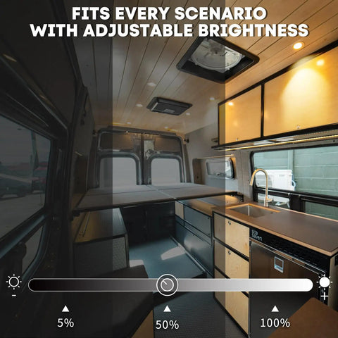 Tough As Nails 2.75 Inch Slim Recessed Ceiling Light With Dimmable LED Puck illuminating RV camper interior with adjustable brightness