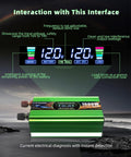 Weekend Warrior Pure Sine Wave Power Inverter That Converts 12V Dc To 120V Ac Output With Four Main Outlets And Rapid Usb Charging For Pickup Trucks Rv Camper Adventures Built Like A Tank displaying output readings and battery status.