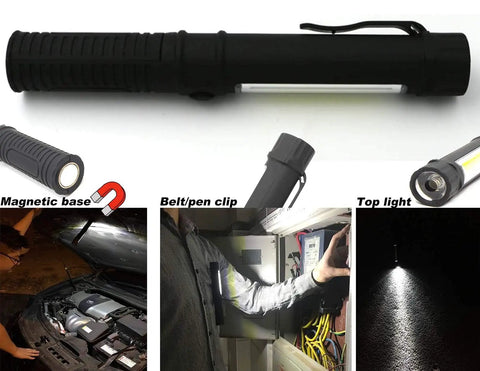 LED Work Light With Magnetic Tail Base And Clip, Multi Function Pocket Pen Light, Inspection Handheld Flashlight, 4 Pack, showing side and end light use
