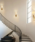 Wireless Vintage Wall Sconce Set Of Two Rechargeable Dimmable RGB Lights With Remote Antique Brass And Fabric Shade Truly Wire Free Setup Super Chic Decor For Bedroom Hallway Living Room mounted on elegant staircase wall.