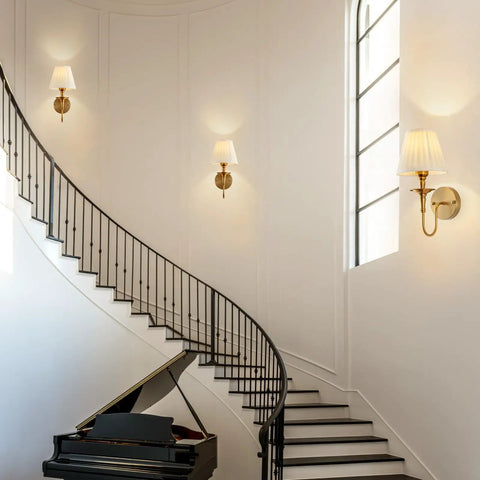 Wireless Vintage Wall Sconce Set Of Two Rechargeable Dimmable RGB Lights With Remote Antique Brass And Fabric Shade Truly Wire Free Setup Super Chic Decor For Bedroom Hallway Living Room mounted on elegant staircase wall.