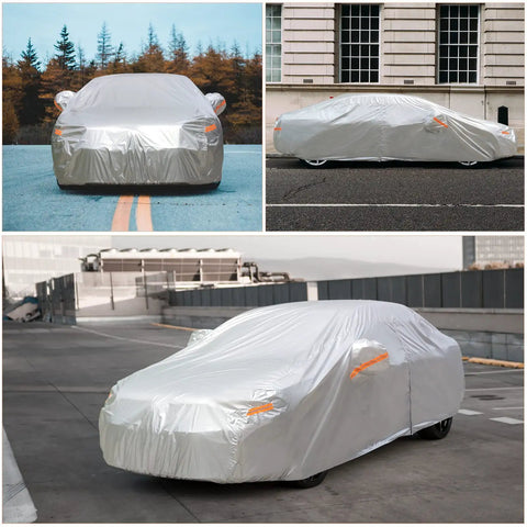 Collage of Heavy Duty All Weather 2 Layer Car Cover With Driver Door Zipper Universal Sedan Fit Up To 200 Inches Waterproof