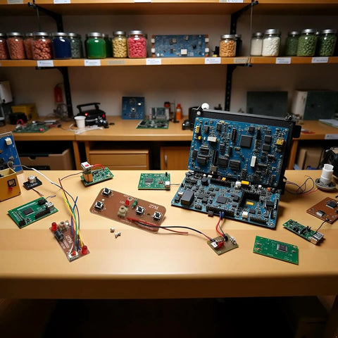 Workbench with electronic circuit boards including Two Pack Four Channel RC Transmitter And Receiver Set For 27MHz Remote Control.