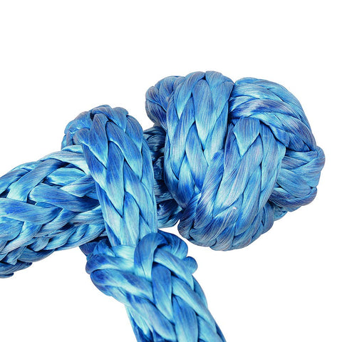 Close-up of blue synthetic soft shackle rope from Set Of 4 Blue Synthetic Soft Shackle Ropes With Protective Sleeve Rated 38,000 Lbs