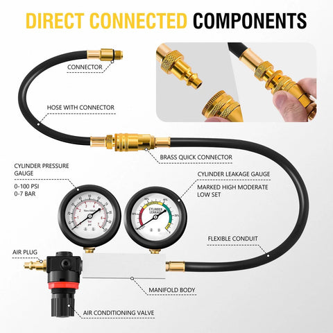 Cylinder leak-down tester kit with brass quick connectors, black flexible hose, two pressure gauges, and manifold body.
